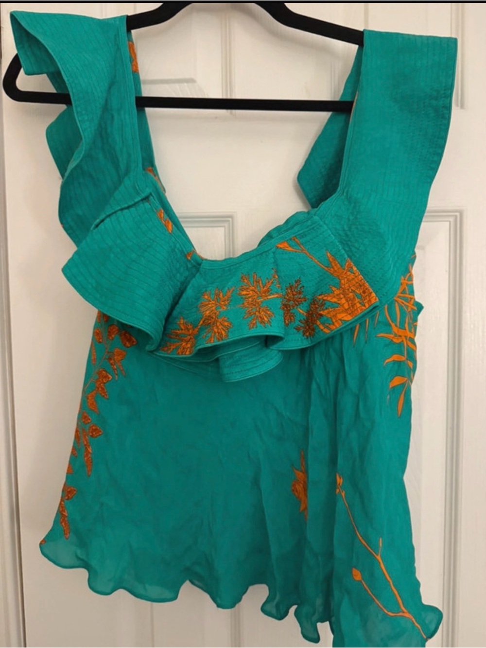 Johanna Ortiz Turquoise Ruffle Embroidered Camisole with Orange Floral Detail